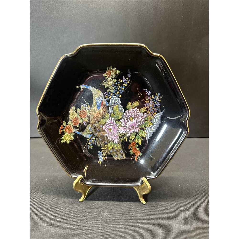 Vintage MCI Japan Decorative Porcelain Plate Black Hand Painted Peacock Gold Rim